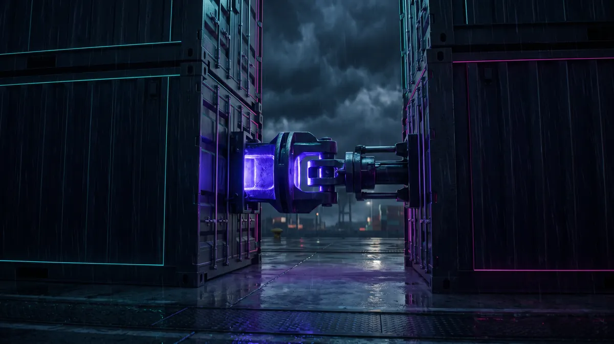 An industrial coupling between two containers glowing indigo