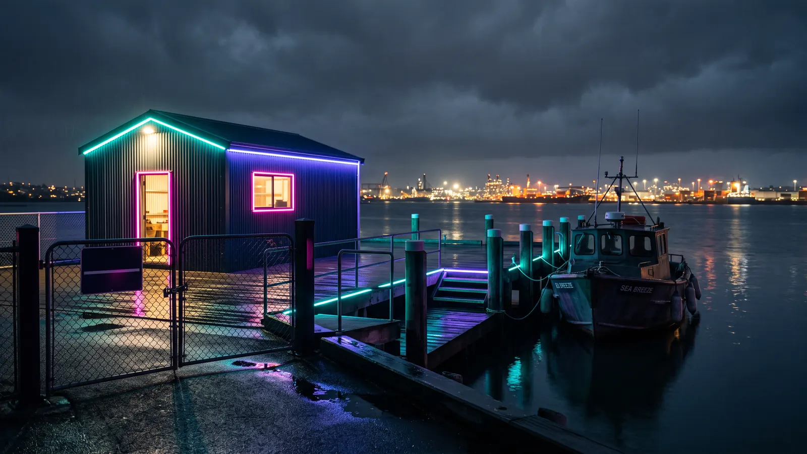 A tidy small wharf at night with one berth, a single well-lit shed, and a chain-link gate closed across the road in; the harbour beyond is busy but out of reach.