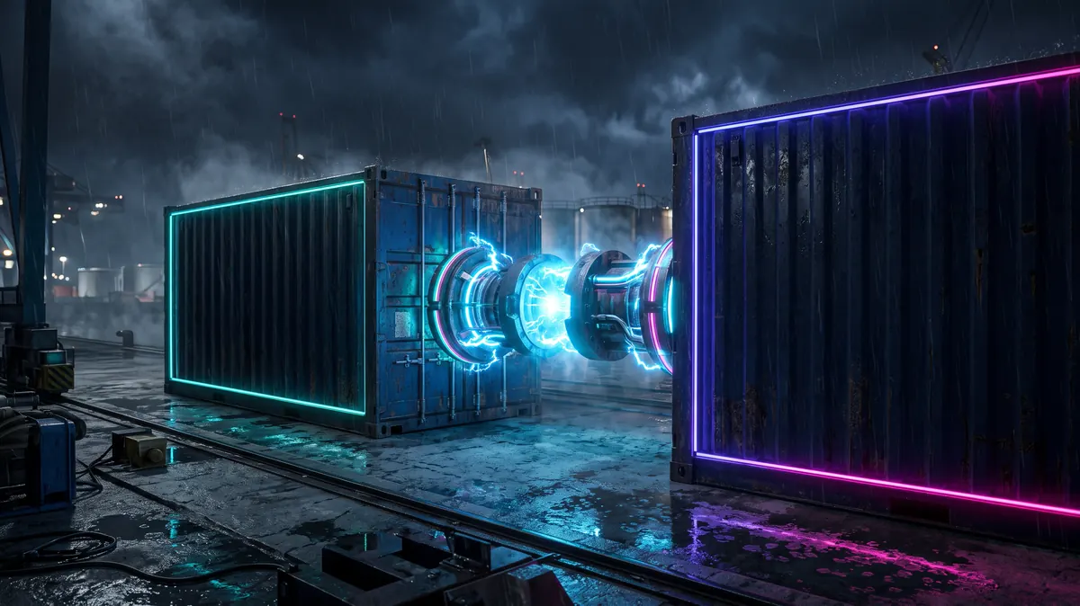 An industrial coupling between two containers glowing sky-blue