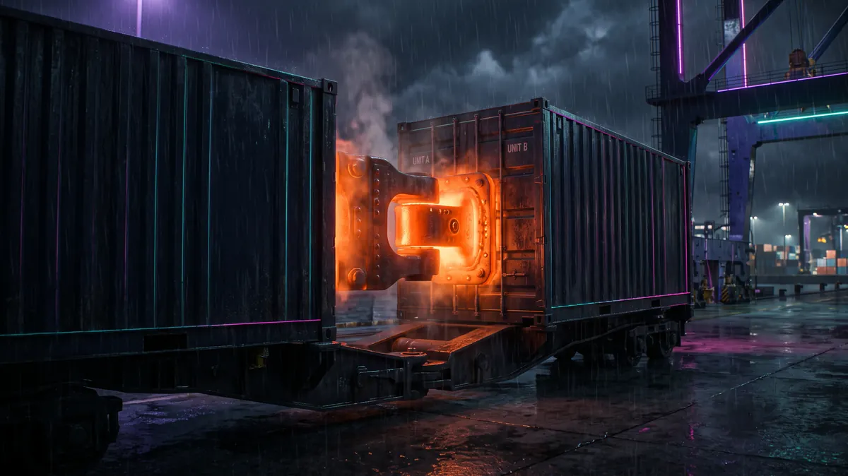 An industrial coupling between two containers glowing orange