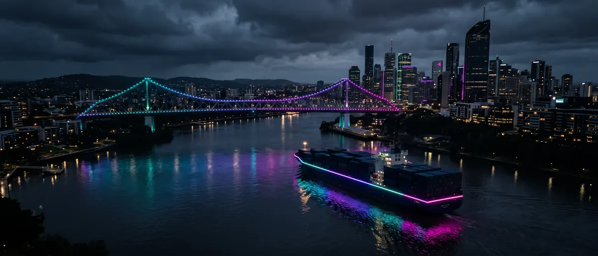 Brisbane River at night with a neon-lit container ship moving upriver