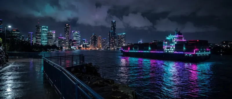 Brisbane CBD at night from Kangaroo Point with a ship passing below