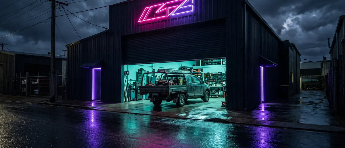 A trade workshop at night, roller door half open, ute backed in