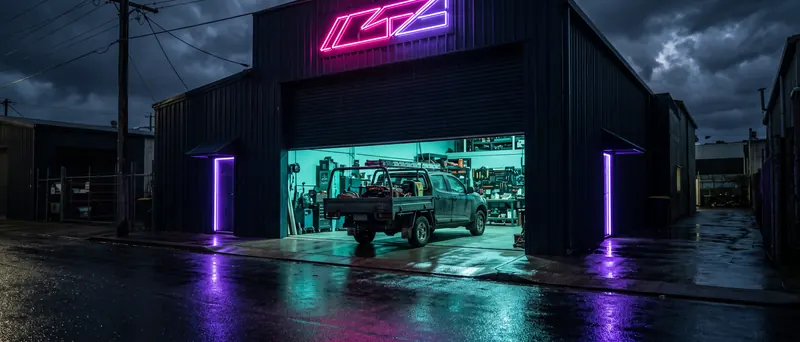 A trade workshop at night, roller door half open, ute backed in