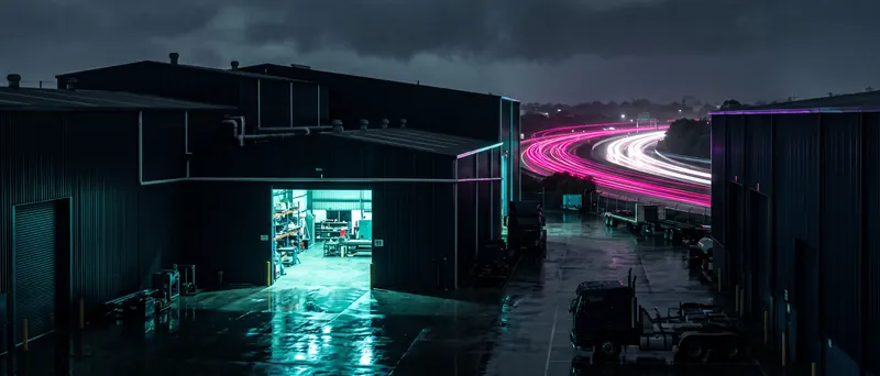 A northern industrial estate at night with a highway behind
