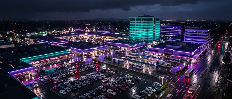 A busy northside shopping precinct at night from above