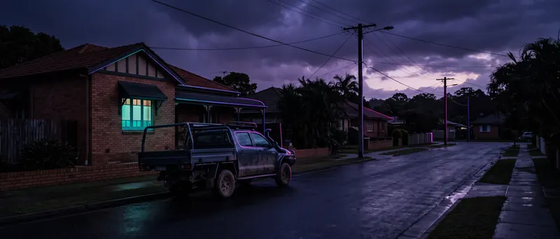 A quiet suburban street at dusk with a ute outside a brick house