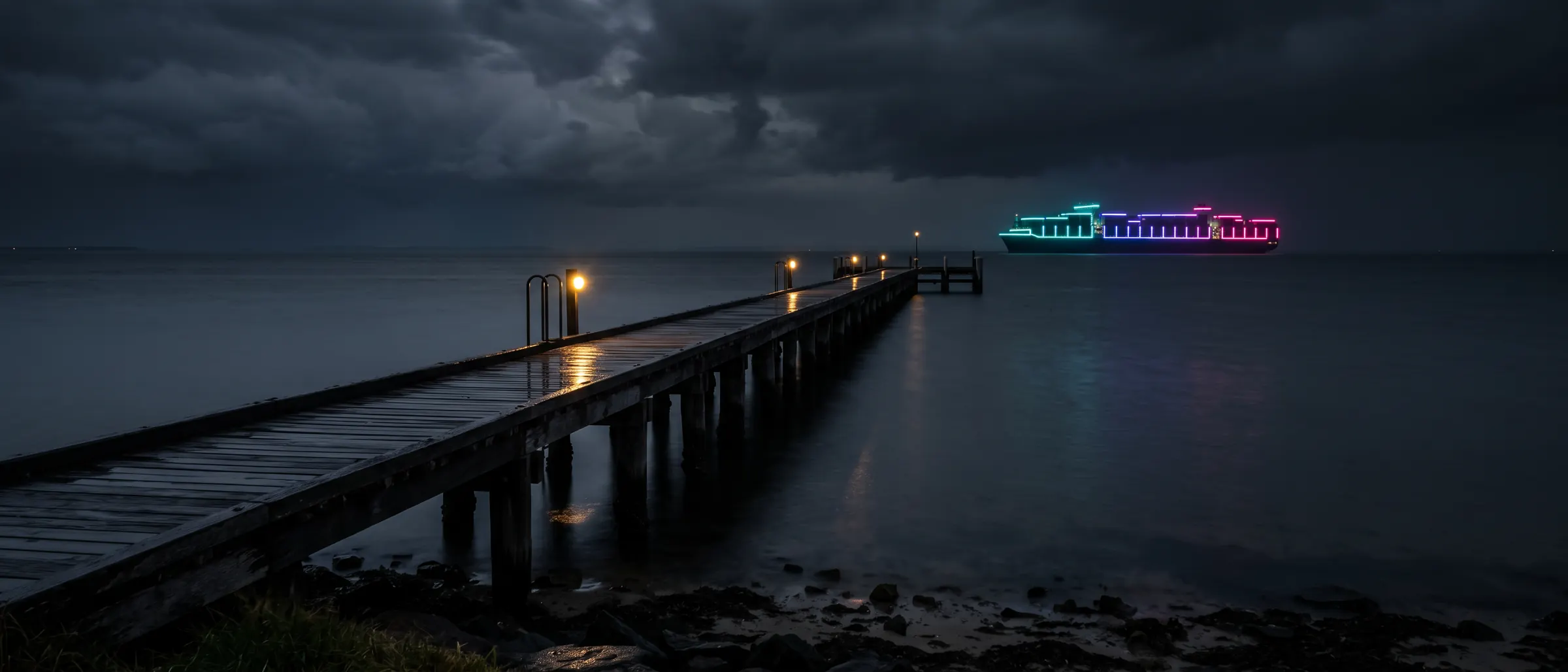 A long timber jetty at night with a ship's lights on the horizon