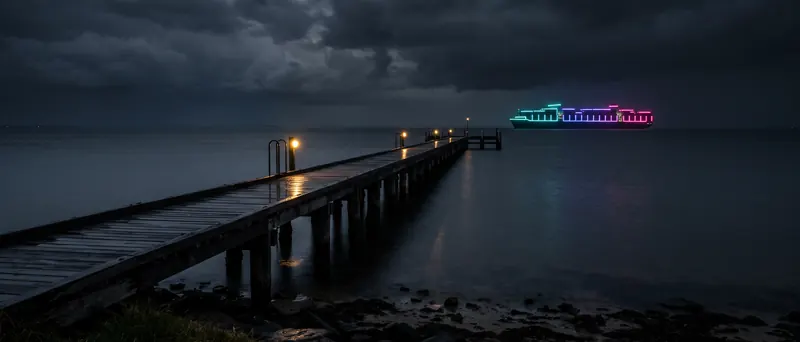A long timber jetty at night with a ship's lights on the horizon