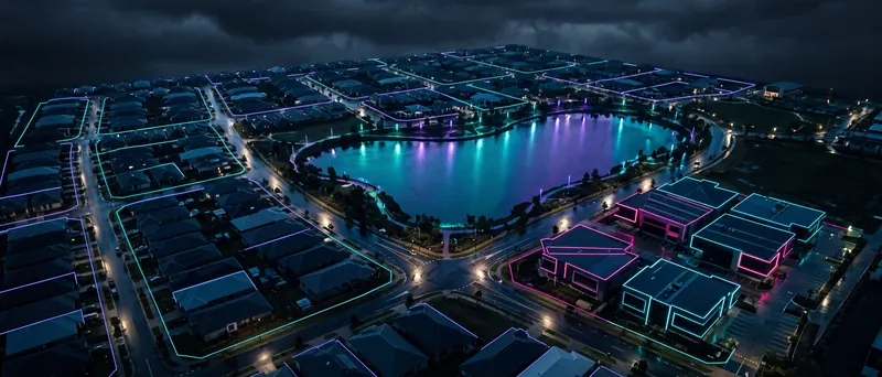 A master-planned suburb at night with a lake reflecting lights