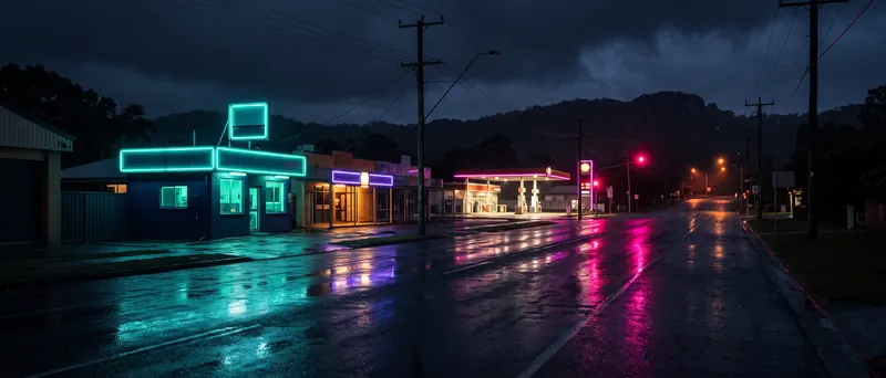 A wet suburban main road at night with lit shopfronts