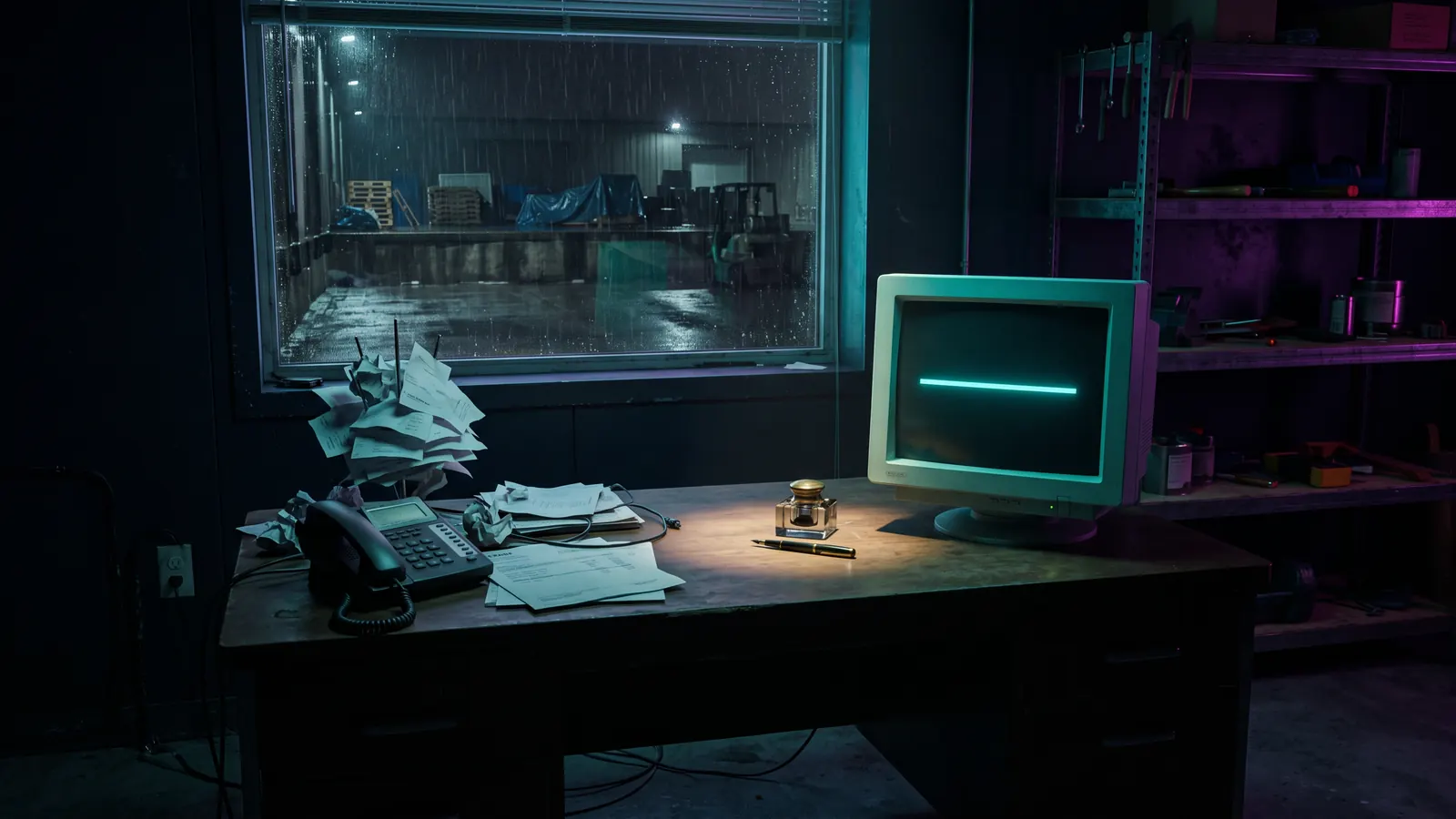 A trade merchant’s back office at night, one thing on the desk lit and in order
