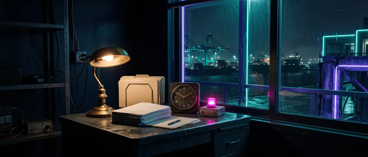 A port office at night with a stack of empty forms and a stopped clock