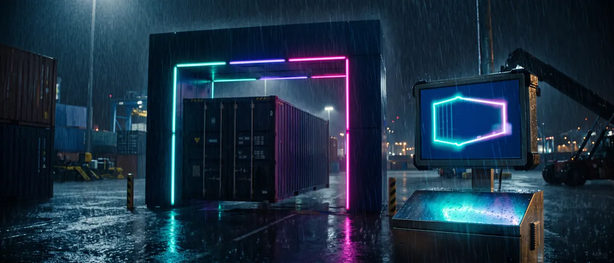 A cargo scanner arch at a night container gate, one container passing through with its silhouette rendered on a screen, a few edges of the outline blurred.