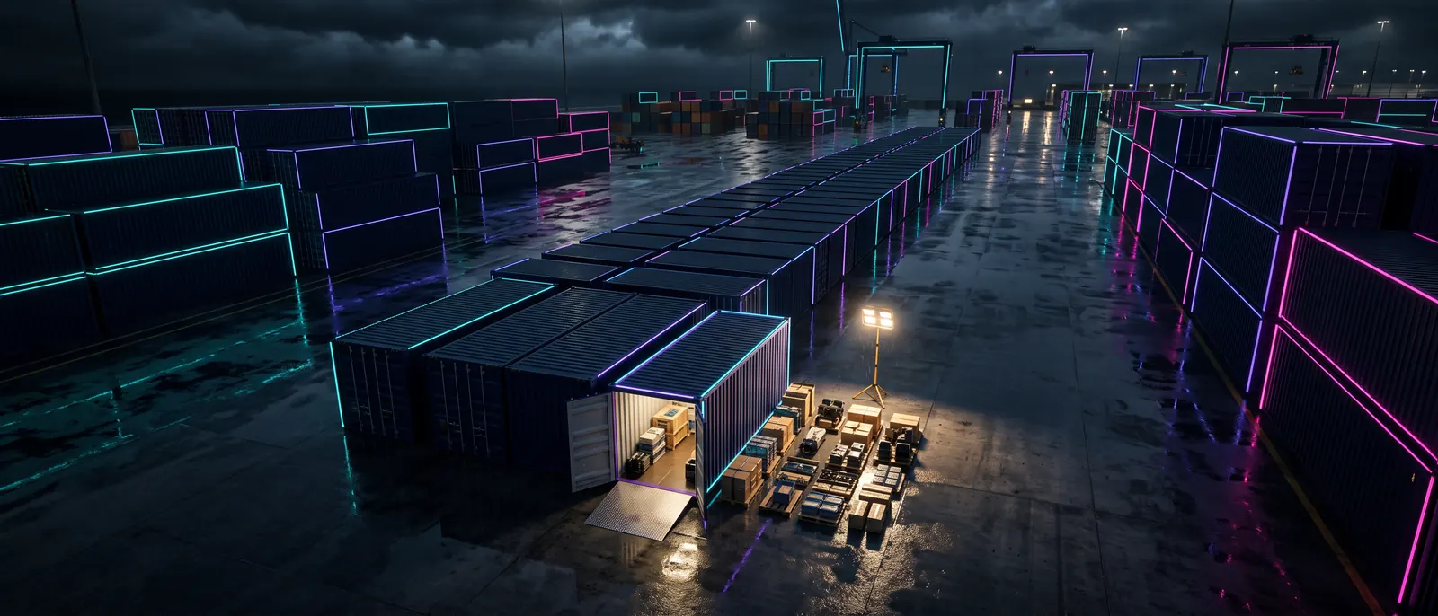 A night-time container terminal seen from above: one long row of identical containers, a single one pulled out and open under a work lamp, its contents being counted by hand.