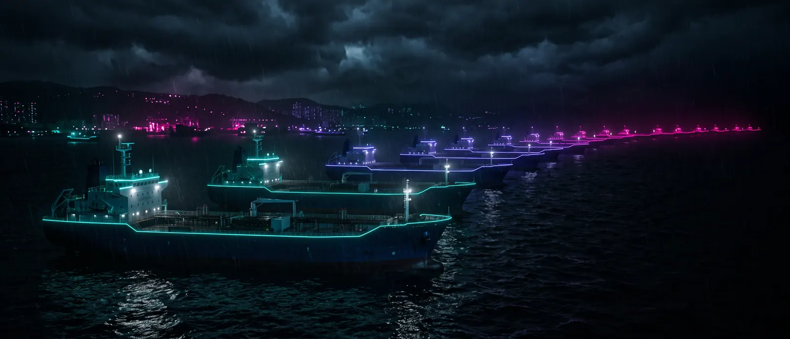 Ships at anchor in a dark roadstead, riding lights in a long line, each waiting for a berth that is not yet free.