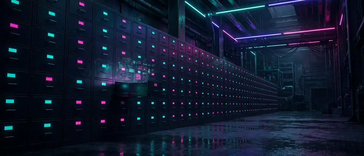 A wall of illuminated ledger drawers in a port records room