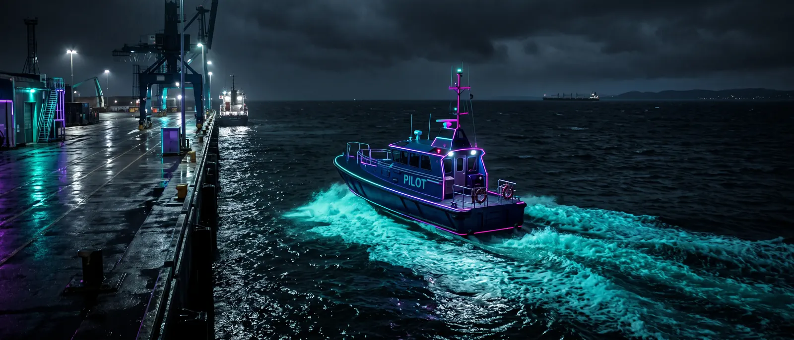 A harbour pilot boat leaving a wharf at night, its wake still bright, the freighter it is racing to already a distant set of lights.