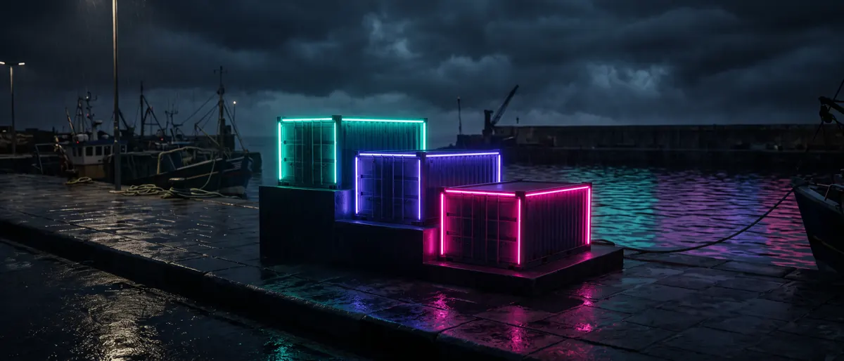A podium of containers, the highest lit teal