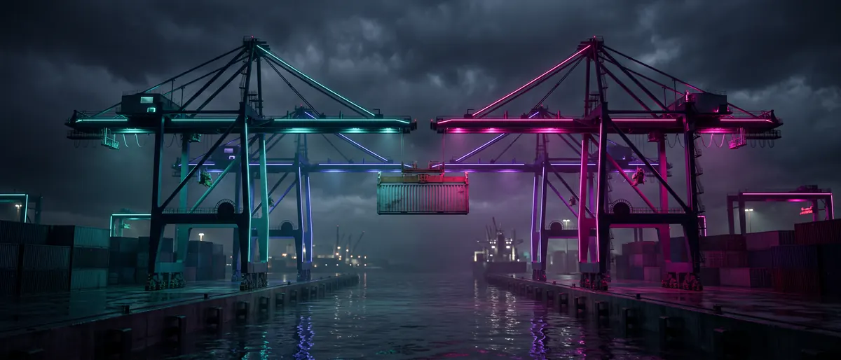 Two cranes facing each other holding one container between them