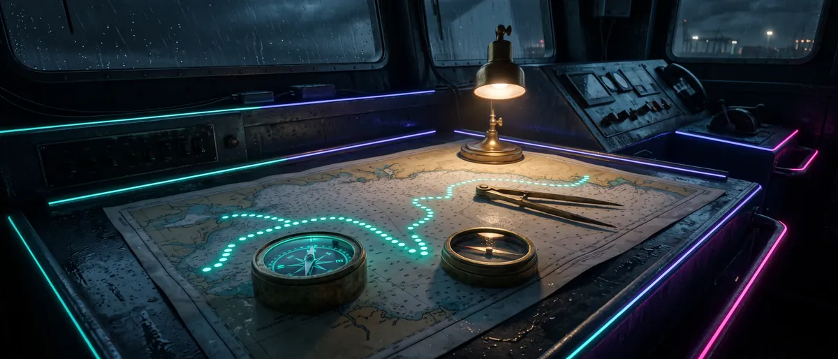 A nautical chart with a route plotted in glowing dots