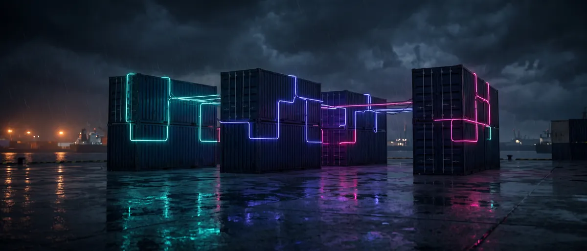 Nine containers connected by glowing conduits
