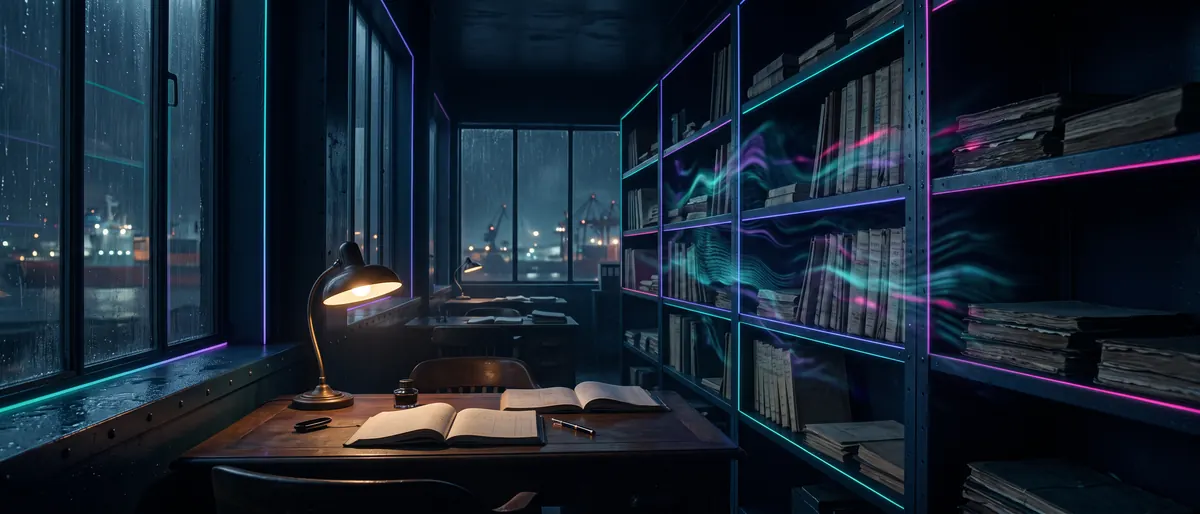 A port records room with tall shelves of ledgers