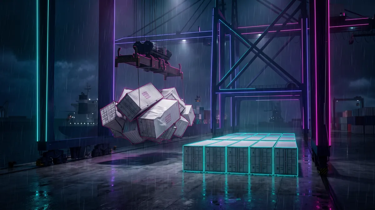 A crane unloading a pile of paper containers into an ordered row
