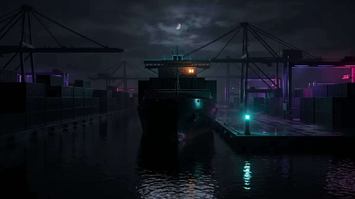 A dark port at 2am with one lit bridge window