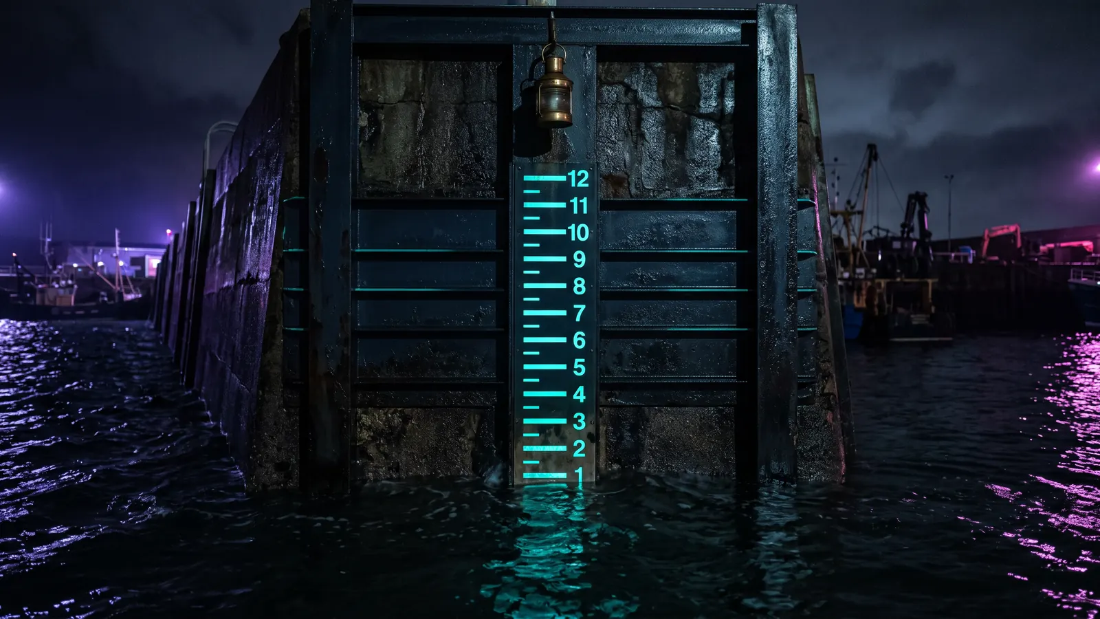 A row of quarterly tide-gauge markings on a harbour wall at night, water at the fourth mark, a single lamp above.
