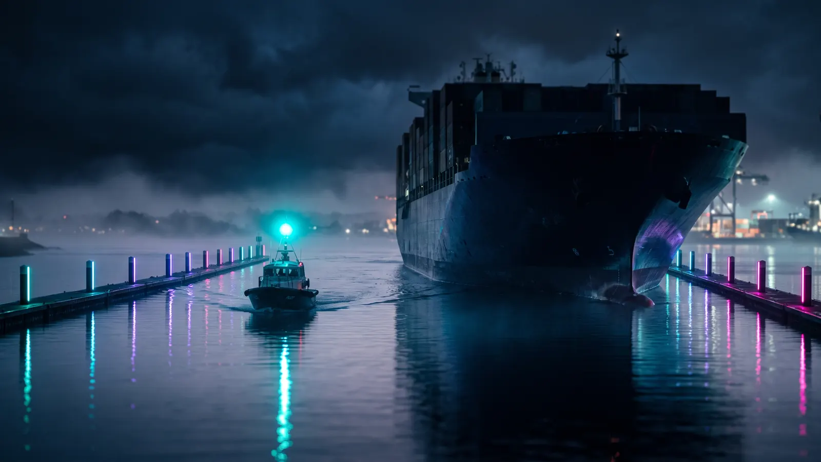 A pilot boat leading a ship between channel markers into port