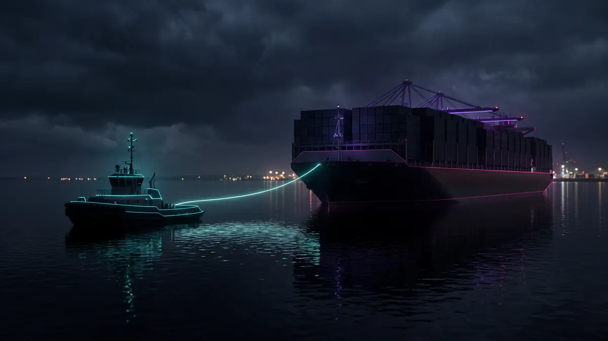 A tug towing a container barge steadily across calm night water