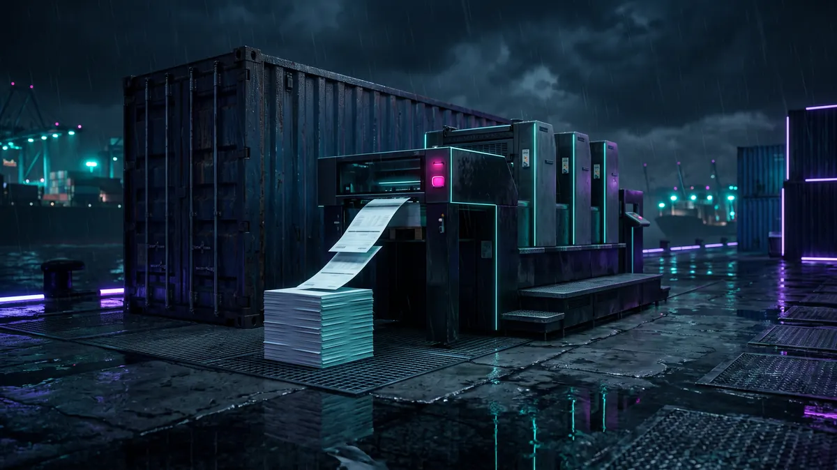 A quay printer stacking crisp manifests beside a container