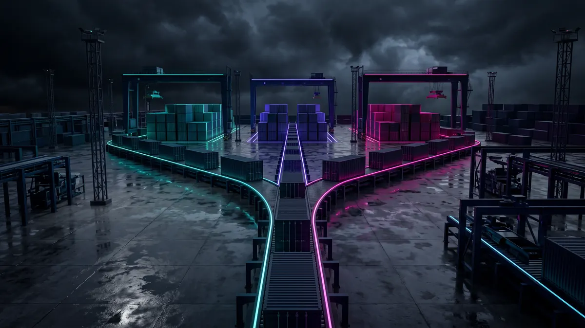 A conveyor of containers splitting into three lit lanes