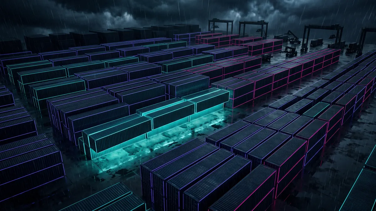 A container yard at night seen from above, rows of identical containers in a grid, one row misaligned and lit from beneath in teal.