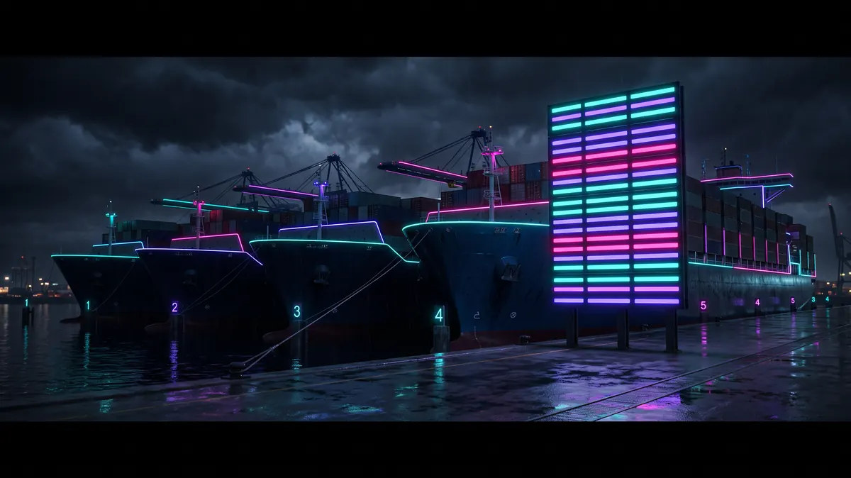 Ships at numbered berths behind a board of glowing schedule bars