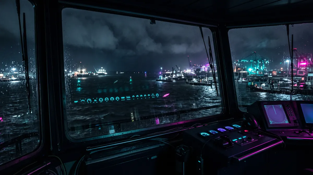 A harbour control room window at night, the dark water beyond it, with a single row of instrument lights reflected in the glass.