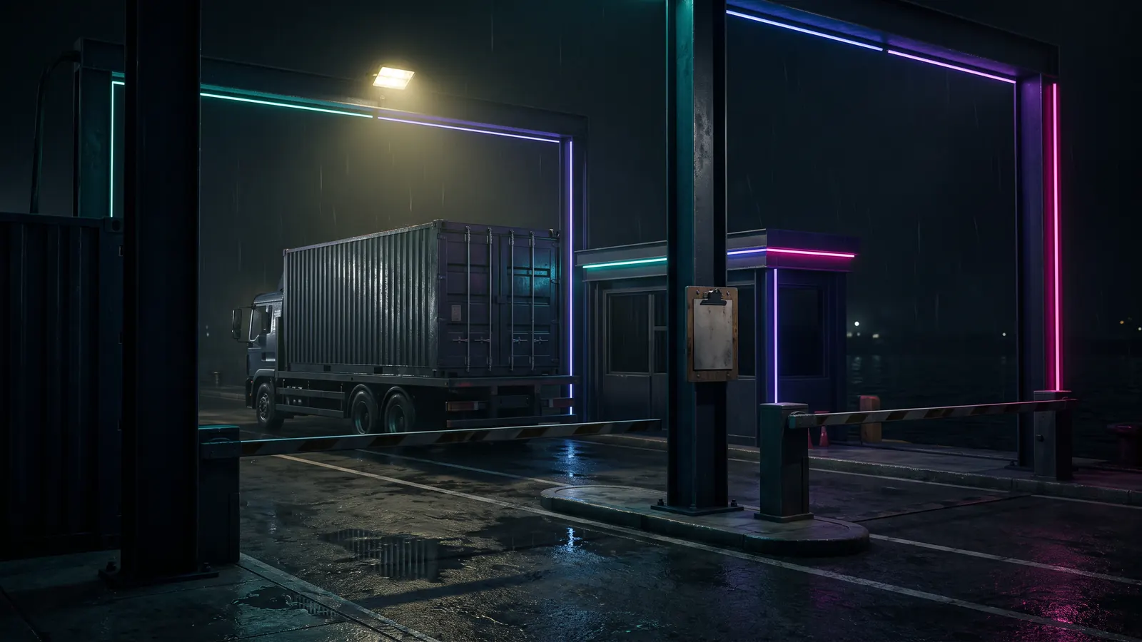 A wharf-side checkpoint at night: a single container on a flatbed under a floodlight, a clipboard holder bolted to the gate post, the sea black behind.