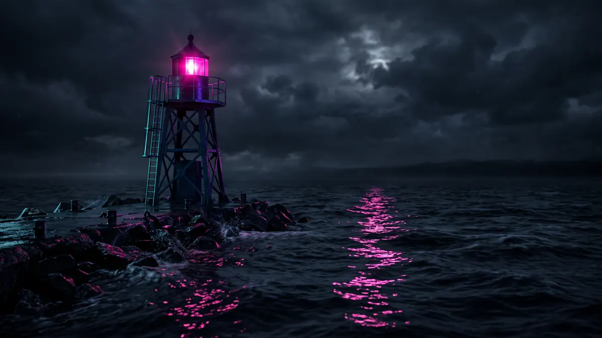 A harbour beacon at night flashing at a steady interval over empty water, its reflection a broken pink line on the swell.