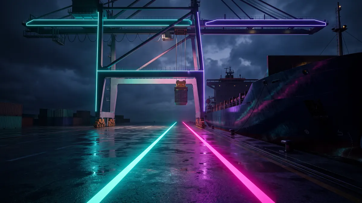 One glowing lane from the crane straight into the ship's hold