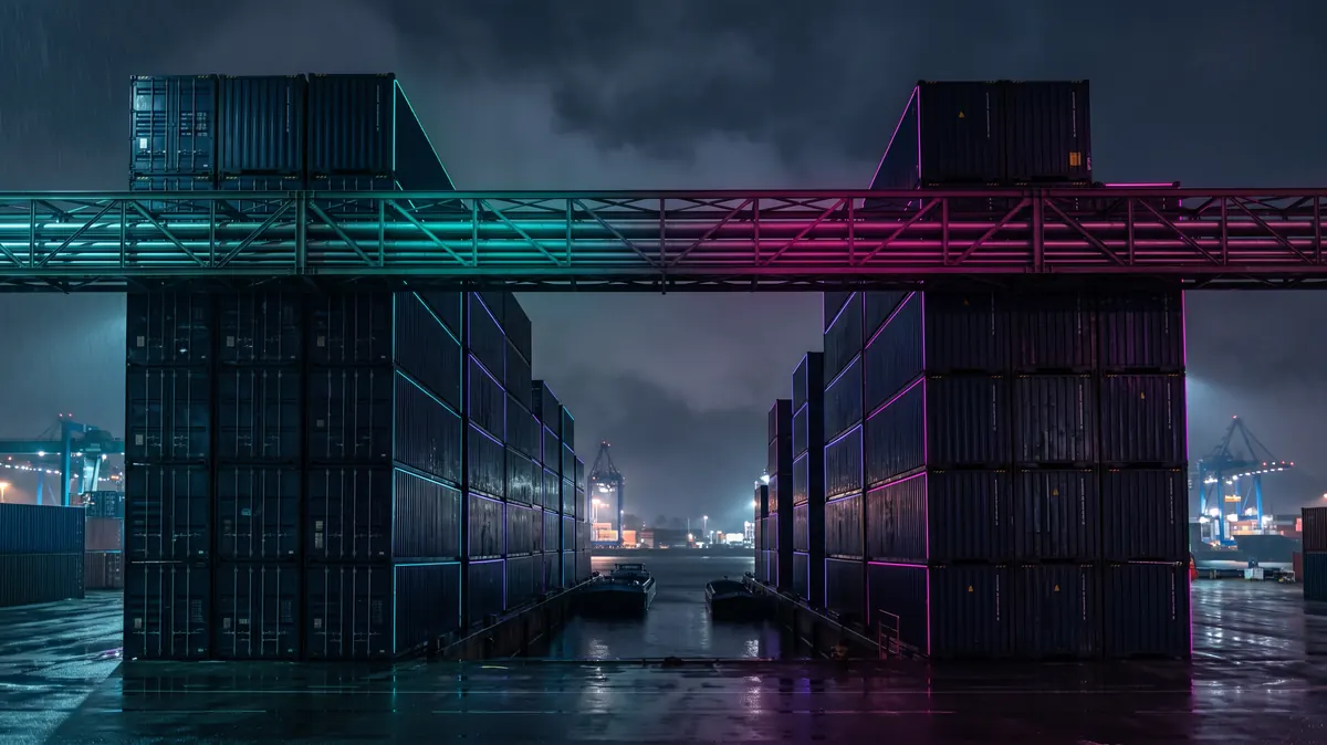 Two container stacks joined by a glowing conduit bridge