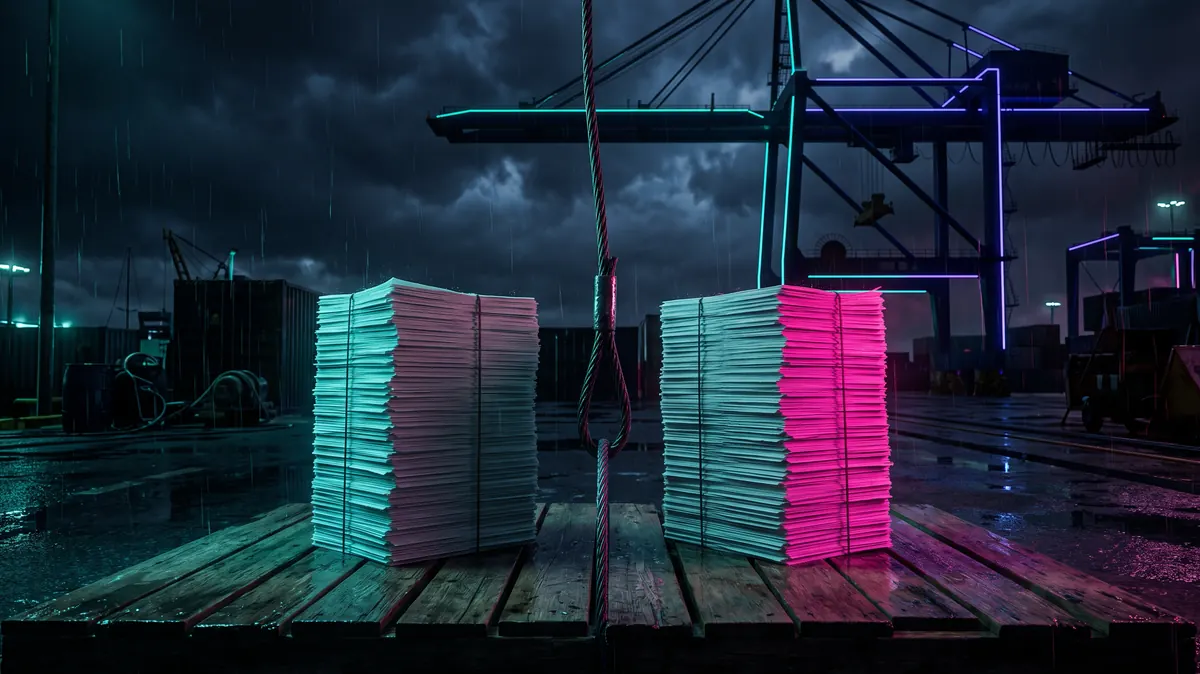 Two identical stacks of shipping manifests on a wet wharf at night, one lit teal and one lit pink, a single crane cable running between them.