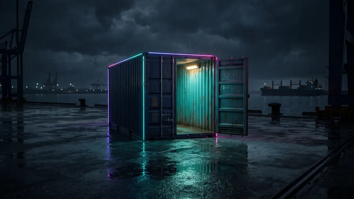 A single shipping container returned to an otherwise empty night wharf, its doors open, a maintenance lamp inside casting teal light onto wet concrete.