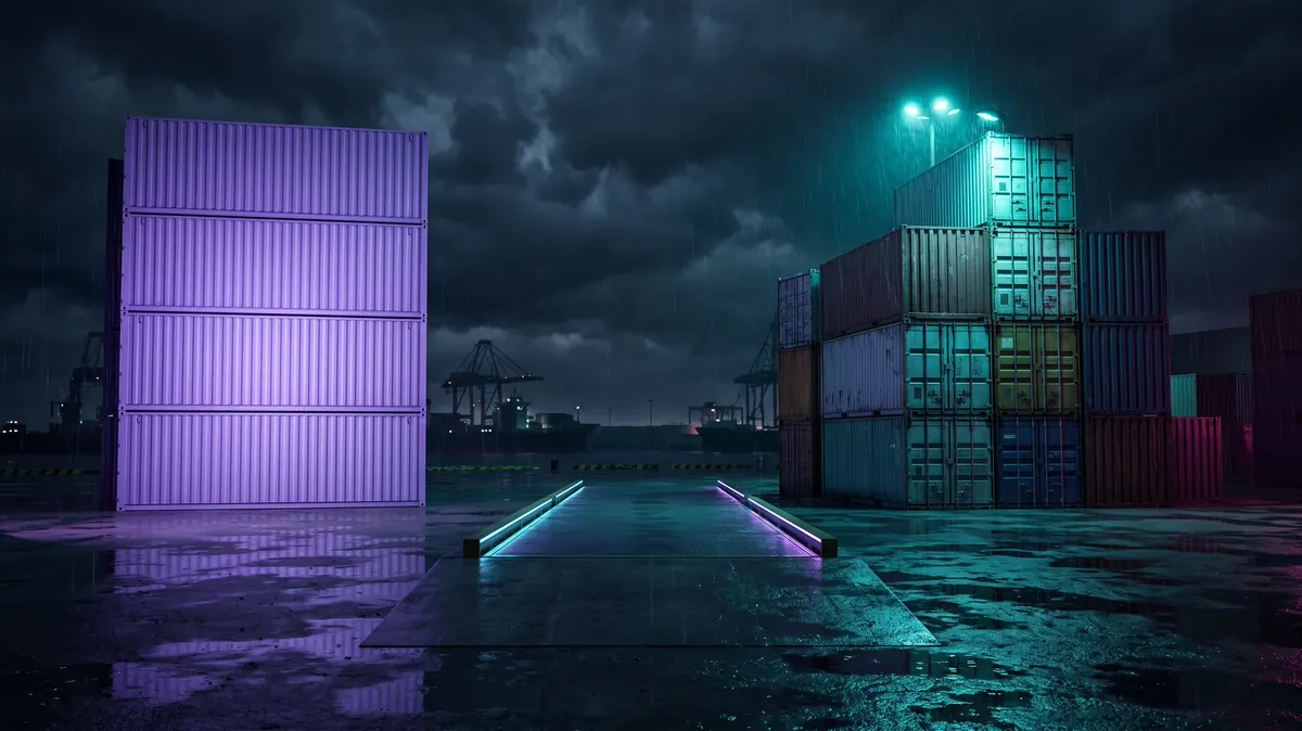 Two container stacks on a night wharf under separate work lights, one stack tidy and uniform, the other of mismatched sizes, a weighbridge between them.