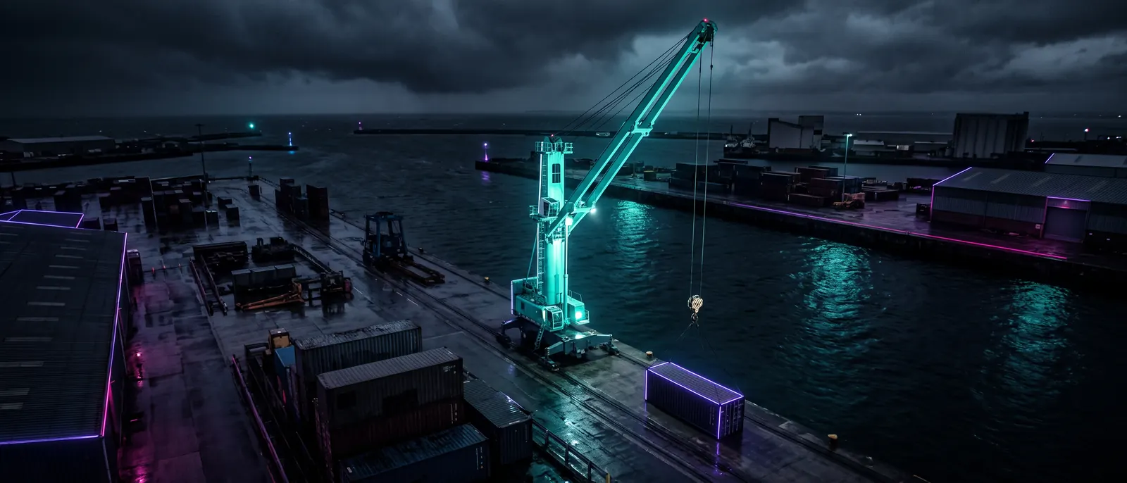 A night harbour from above with a single tall crane lit teal against dark water, its hook line dropping straight to one container on the quay.