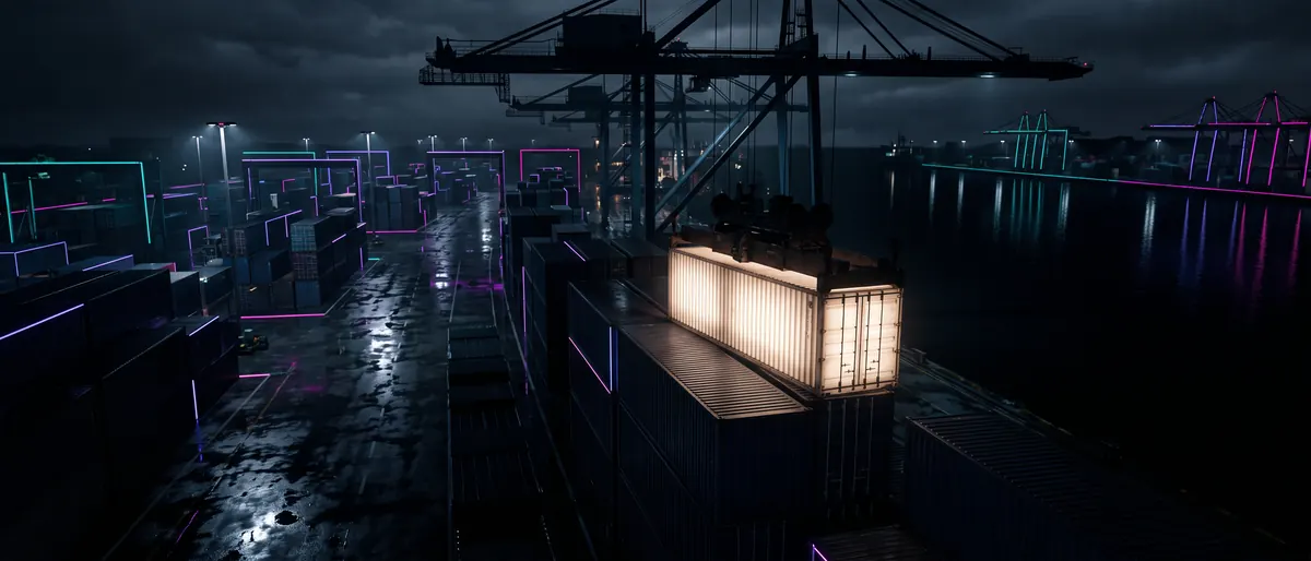 A night harbour from above with one container lit from inside so its ribbed side glows like a lightbox, the crane above it dark, water black.